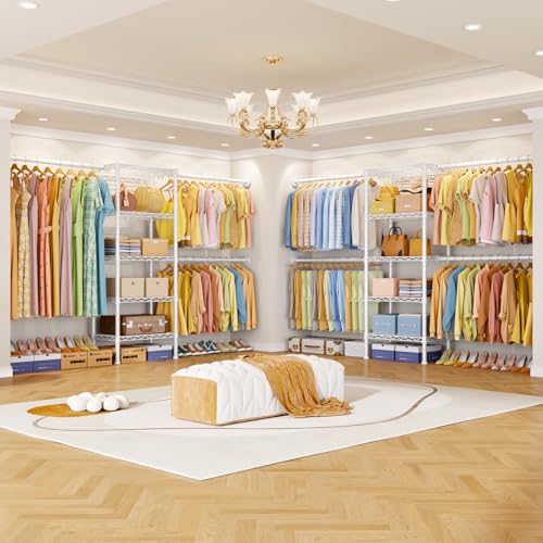 Ulif M2 Wall Mounted Closet System, Clothes Rack Mounted onto the Wall with 4 Expandable Hanger Rods and 5 Metal Shelves, Clothing Organizer Storage in (70.8-102.3)" L x 14.5" D x 71.2" H, White - color: White, size: M2