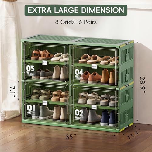 JEKO&JEKO 4 Tiers Green Foldable Shoe Rack Organizer for Entryway, Outdoor Front Door Shoe Storage Cabinet, Large Collapsible Shoe Box with Magnetic Doors, Holds Up to 16 Pairs - color: Double-row(Green), size: 4 Tiers