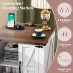 Farmhouse End Table with Charging Station, Rustic Wood Nightstand with Adjustable Shelf, 19.6"W Versatile Walnut Sofa Side Table with Barn Doors and Retro Hinges for Bedroom, Living Room (White-kk025) - color: White-kk025