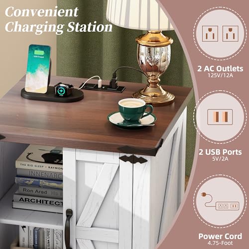 Farmhouse End Table with Charging Station, Rustic Wood Nightstand with Adjustable Shelf, 19.6"W Versatile Walnut Sofa Side Table with Barn Doors and Retro Hinges for Bedroom, Living Room (White-kk025) - color: White-kk025