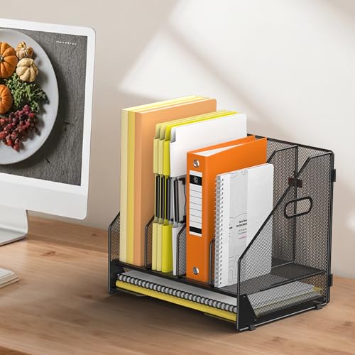 Docnest Desk File Holder Sorter, 4 Vertical Compartments Rack with Letter Tray, Mesh Magazine File Holder with Handle,Workspace Organizers,Desk Organizers for Paper, Mail, Documents-Black - color: Black-4 Compartments