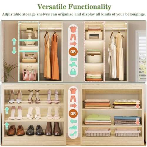 Besiost Closet System, 4.2–8.8 FT Closet Organizer with 2 Wooden Drawers and Shelves, Walk-in Closet System with 5 Hang Rods, Built-in Reach in Closet Tower, Can Fit 60 to 96 inch, Greige Oak - color: Greige Oak