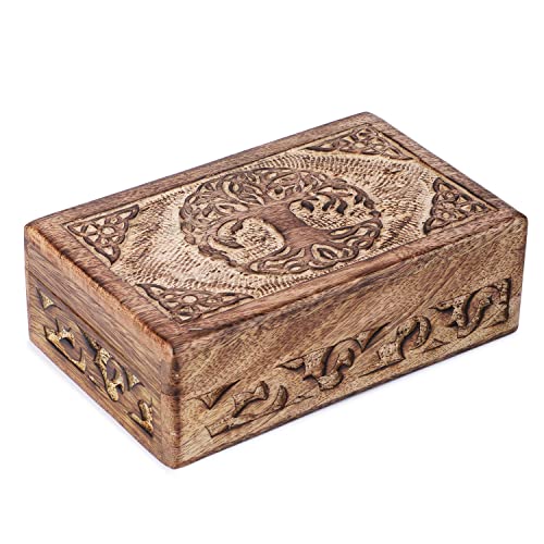 Ajuny Wooden Jewelry Box - Hand Carved Mango Wood Tree of Life Celtic Carving Decorative Multipurpose Keepsake Box, Treasure Chest Memory Box Organizer Travel Trinket Holder Case Gifts - 8x5 Inch - style: Celtic Tree