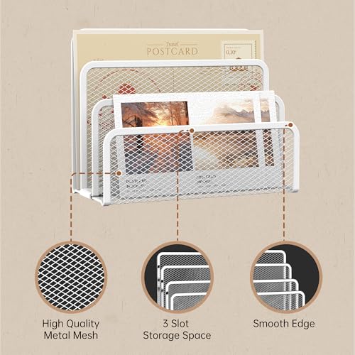 SUPEASY Mail Organizer for Desk, Mesh Metal Mail Holder Countertop with 3-Slot, Letter Sorter File Holder, Office Envelope Organizer for Mails (White) - color: White