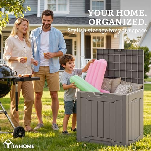 YITAHOME 31 Gallon OutdoorDeck Box, Lockable Resin Storage Box and Waterproof Package Delivery Box for Patio, Garden, Poolside, Cushions, Supplies & Sports Gear, Taupe - color: Taupe, size: 31 Gallon, style: Deck Box
