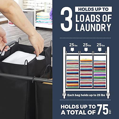 STO STO Laundry Sorter 3 Section, 3 Bag Clothes Hamper, Rolling Laundry Cart Basket with Heavy Duty Lockable Wheels and Removable Bag for Laundry Room, Bedroom, Closet, Black - color: Black, size: 3-Section