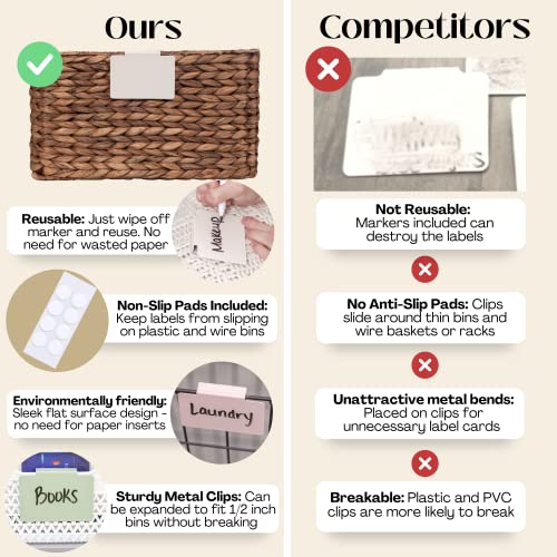 Hygge & Sage: Metal Non-Slip Basket Labels Clip On for Storage Bins, or Wire Racks | Includes 8 Labels, 8 Non-Slip Pads, and 1 Free Marker (Cream) - color: Cream