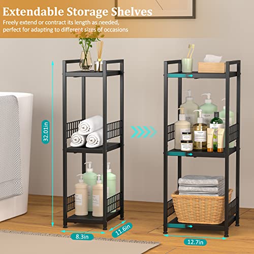DAOUTIME 3-Tier Metal Shelving Unit, Expandable, Free-Standing, Narrow, Open Floor Shelves, Ideal for Bathroom, Kitchen, Laundry, Storage, Organization - color: Black, size: 3-tier