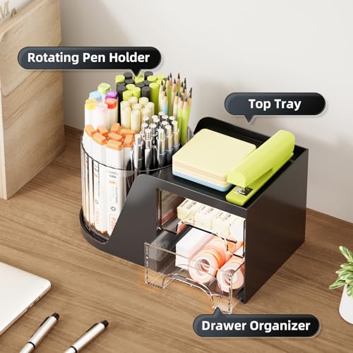 Marbrasse Desk Organizer with 2 Drawer, 360°Rotating Pen Holder, Desk Organizers and Accessories with 6 Slots Pencil Holder + 2 Drawer, Art Supply Storage Box Caddy for Office (Black) - color: Black
