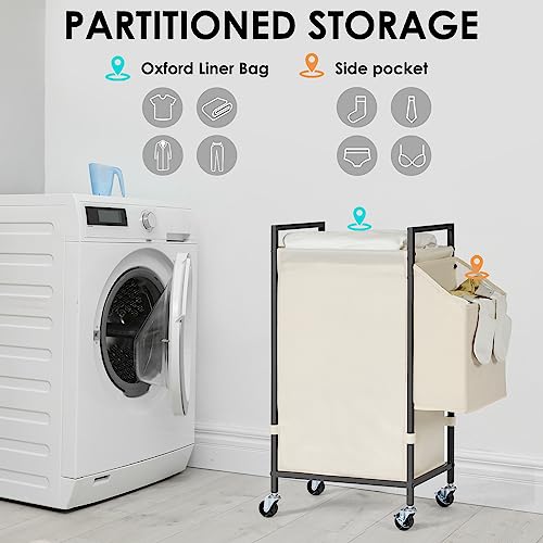 Laundry Hamper with Rustic Brown Lid & Wheels; 96L Large Rolling Laundry Basket with Removable Oxford Liner Bag; Tall Freestanding Dirty Clothes Hamper with Side Pocket; Metal Frame Laundry Cart - color: Beige