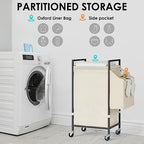 Laundry Hamper with Rustic Brown Lid & Wheels; 96L Large Rolling Laundry Basket with Removable Oxford Liner Bag; Tall Freestanding Dirty Clothes Hamper with Side Pocket; Metal Frame Laundry Cart - color: Beige