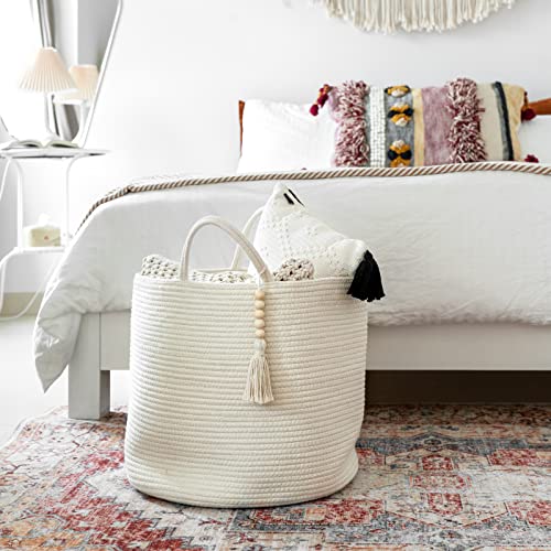 Mkono Woven Storage Basket Decorative Natural Rope Basket Wooden Bead Decoration for Blankets,Toys,Clothes,Shoes,Plant Organizer Bin with Handles Living Room Home Decor, White, 16" W × 13.8"L - color: White, size: 16" W × 13.8"L