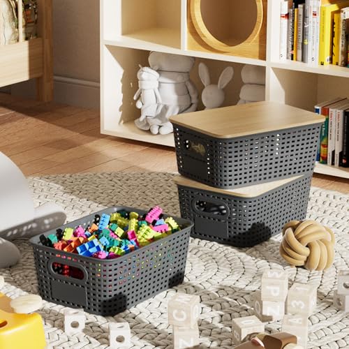 6Pcs Storage Bins with Lids, Stackable Plastic Storage Basket with Bamboo Lid, Pantry Organizer Box Small Containers for Organizing Shelves Drawer Desktop Closet Cabinet Office Classroom 10x7.1x4.1in - color: Gray