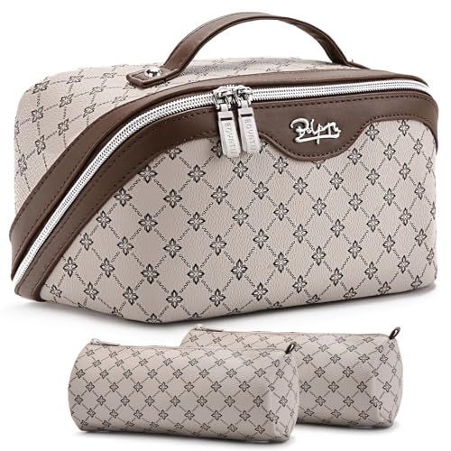 BOYATU Travel Makeup Bag Cosmetic Bags for Women: 3 Pcs Set Large Capacity Make up Bag with Handle - Vegan Leather Toiletry Bags with Compartments - Makeup Organizer for Travel Essentials(A-2-Khaki) - color: A-2-Khaki