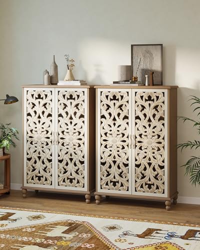 47" Tall Accent Cabinet with Carved Doors, Storage Cabinet with 3 Adjustable Shelves, Narrow Boho Farmhouse Sideboard for Entryway, Living Room, White&Natural