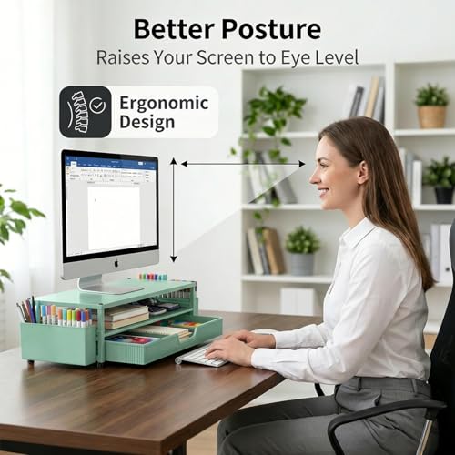 ECOLOVI Desk Organizer and Accessories, 2-Tier Computer Monitor Stand Rise with Storage Drawer & 2 Pen Holders, Laptop & Printer Stand for Desktop, Workspace Organizers for Office Supplies (Green) - color: Green