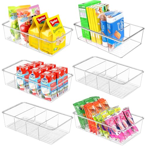 ZIZOTI Snack Organizer for Pantry Shelf, 6 Pack Clear Plastic Pantry Storage Bins with 3 Dividers for Snacks, Spices, Chips Food Organizer, Stackable Pantry Organizers for Kitchen, Fridge, Cabinet - color: 6 Pack