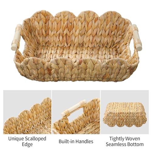 Coeusy Gift Basket, Cute Wicker Basket for Gifts, Scalloped Woven Water Hyacinth Storage Basket with Wooden Handles for Snack, Display, Shelves, 2 Pack