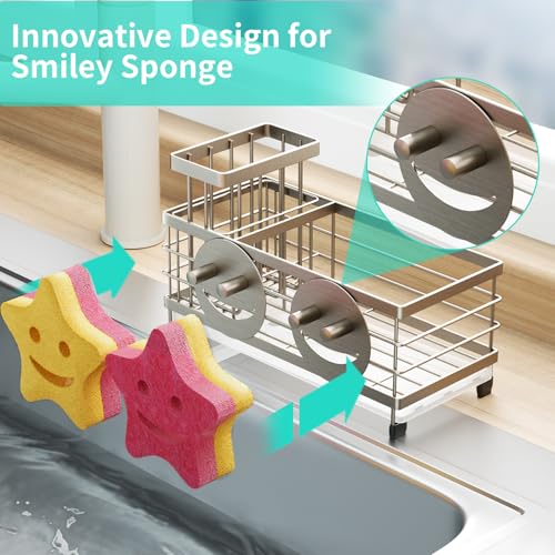 HapiRm Sink Caddy Sponge Holder - Self-draining Kitchen Sink Organizer with Smiley Face and Brush Holder, Stainless Steel Kitchen Sponge Caddy for Countertop - Brushed Nickel - color: Brushed Nickel, size: with Smiley Face Sponge Holder