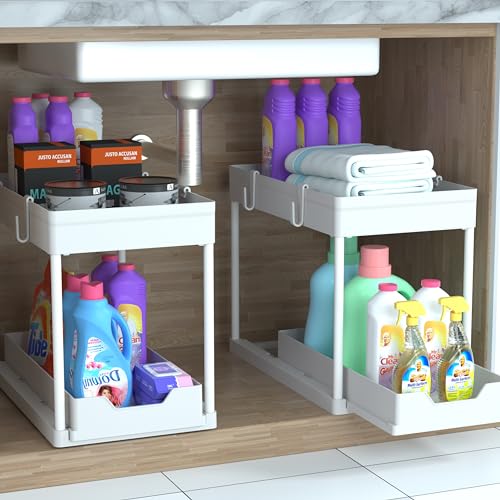 Under Sink Organizer - 2 Pack | Pull out Bathroom Organizer | 2 Tier Slide out Bathroom/Kitchen Organizers and Storage | White - style: 2 PACK White