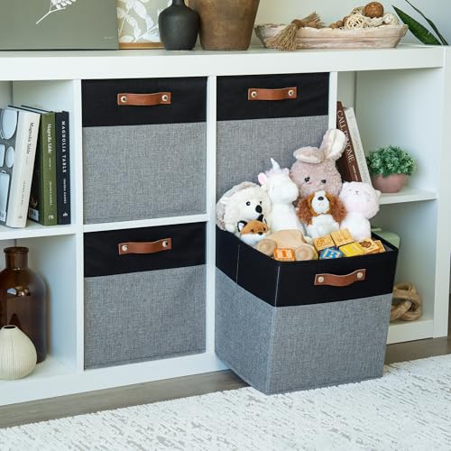 OrganiHaus 13" x 13" x 13" Cube Fabric Storage Bins Set of 4, Fabric Storage Cubes w/ Vegan Handles, 13 inch Collapsible Bins for Clothes & Toy Organizer, 13x13 Basket for Kallax - Grey/Black - color: Gray Base / Black, size: (13x13) Leather Handles