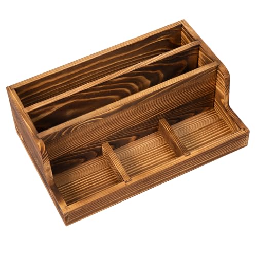 Rustic Brown Wood Mail Organizer Stationery Sorter Letter Holder Office Supply Storage Caddy 2 Slots 3 Trays Desktop Envelope Document Notepad Countertop Daily Accessories Table Home Entryway