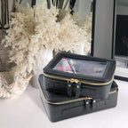 Aveniee Clear Makeup Bag Organizer, Portable Travel Toiletry Cosmetic Bag Case for Women, Heavy Duty Clear Pouch with zipper with Transparent Vinyl Windows & Gold Zippers(Black) - color: Black, style: Classic