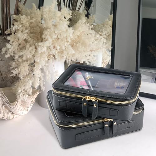 Aveniee Clear Makeup Bag Set,Portable Travel Toiletry Bag Cosmetic Case for Women,Vegan Leather Make Up Pouch Organizer Car Bag for Essentials 2pcs,Middle & Large,Black - color: Black, style: Double Style