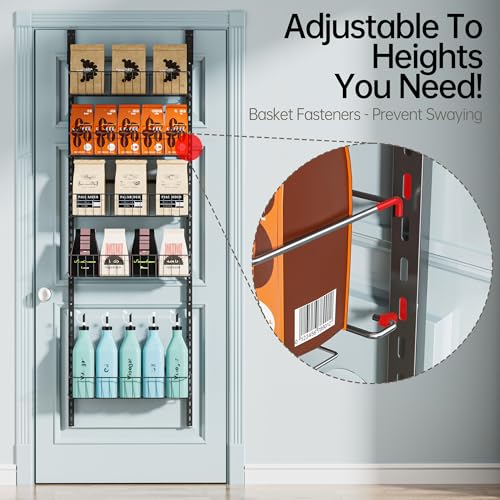 Delamu Adjustable Cabinet Door Organizer, 6-Tier Hanging Spice Rack Organizer, Metal Over the Door Pantry Organizer, Pantry Organizers and Storage Shelves for Kitchen Bathroom Laundry Room, Black - color: Black, size: 6 Tier-Medium