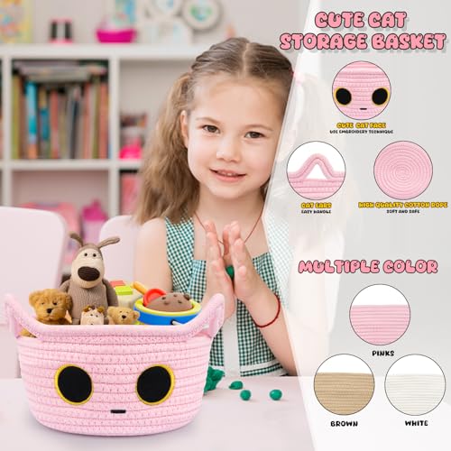 Small Storage Cat Basket, Pinks Cotton Rope Woven Basket for Nursery With Ears Toy Organizer Baskets for Gift, Cat Dog Bin Toys 8.5×4.5 inches - color: Pink, size: 9 × 5 inches