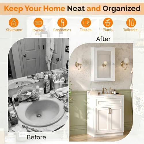 Bonnlo White Mirrored Medicine Cabinet - Wall Mounted Bathroom Storage Organizer with Single Door, 2 Adjustable Shelves & Magnetic Lock, Reversible Small Vanity Cabinet for Over the Toilet/Sink - size: Small - Mirrored