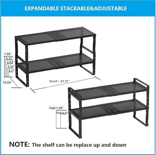 Expandable,Adjustable & Stackable Spice Rack, Cabinet Kitchen Countertop Shelf Organizer,Metal Pantry Storage Shelves - Space-Saving Storage Solution(2Packs/Black/Large) - color: Black, size: 2PACKS/BLACK/LARGE