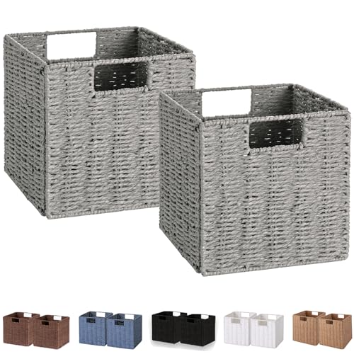 Vagusicc Storage Basket, Set of 2 Hand-Woven Paper Rope Wicker Baskets for Storage, Foldable Cube Storage Bins Organizer, 9 inch Medium Wicker Storage Baskets for Shelves Pantry Organizing Decor, Grey - color: Grey, size: 9'' x 9'' x 9''
