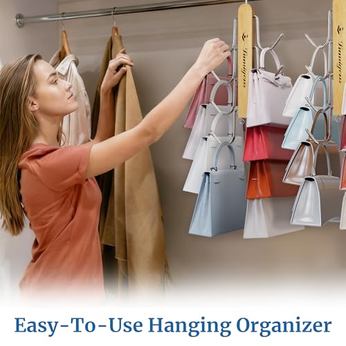 Purse Hanger, 2 Pack Purse Organizer for Closet with 16 Hooks for Heavy Bags, Sturdy Bag Storage, Rotatable Handbag Holder, Purse Rack Space Saving Backpack Hanging Closet Organizer Hangers - color: Natural, size: 2pack