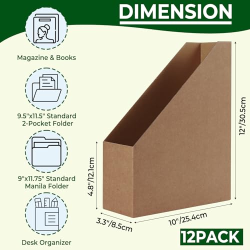 EXYGLO 12 Pack Brown Magazine File Holder, Cardboard Magazine Rack with Label, Foldable Storage Organizer Box for Book, Documents, 10x3.3x12 Inches - color: Brown