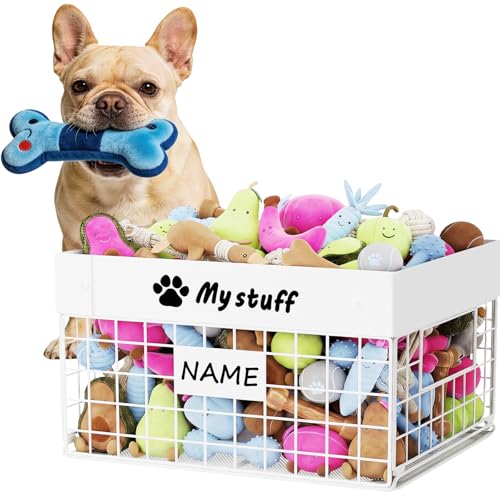Kaiferty Indestructible Large Dog Toy basket, Chew-Proof Medium Toy Bin for Dogs, Pet Toy Bin Dog Metal Basket for Toys, Puppy Toy Storage Organizer Blankets, Toy Box for Living Room Area (White) - color: White, size: L:13.7"L x 9.8"W x 7.8"H