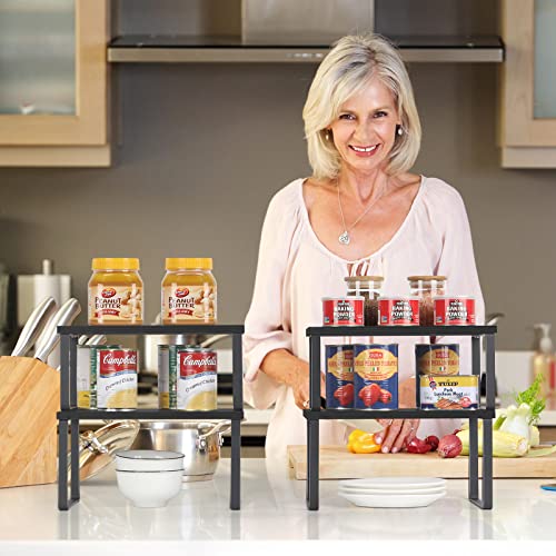 CADUKE Set of 4 Kitchen Counter Shelves Stackable Shelf Organizer Wood Countertop Shelves Expandable Cabinet Shelf Organizers Countertop Storage Rack for Pantry, Industrial Black - color: Black