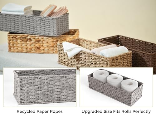 StorageWorks Round Paper Rope Toilet Tank Topper Basket, Wicker Basket for Bathroom, Gray, 2-Pack - color: Gray, size: 15 ¾"L x 6 ½"W x 4 ¼"H