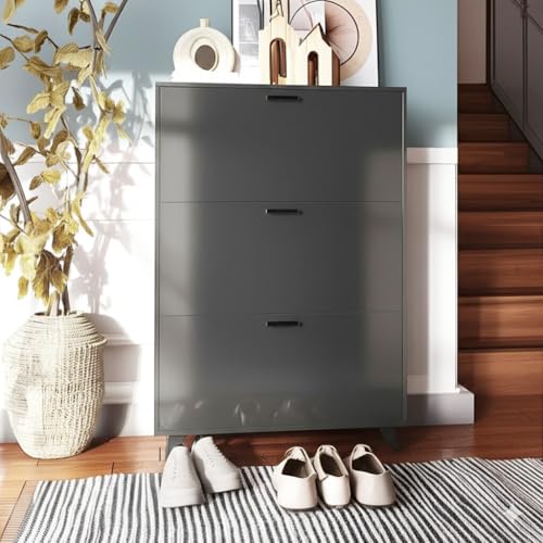 Anystyle Black Shoe Storage Cabinet for Large Shoes, 3-Tier Adjustable Flip-Door Organizer, Space-Saving Wooden Cabinet for Entryway, Closet, Living Room, 31.5" W x 49.2" H - color: Black