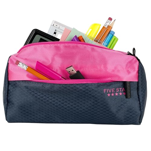 Five Star Pencil Pouch, Pen Case, 9-Pocket Zipper Pouch, Storage Organizer for School Supplies Earbuds Chargers Cables Makeup, Navy/Pink (505600B-ECM) - color: Navy/Pink, size: 8"L x 4"W x 3"H