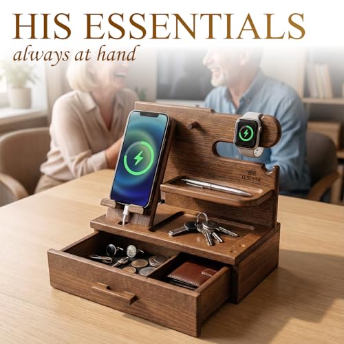 TESLYAR Wood Phone Docking Station with Drawer - Nightstand Organizer - Desk Organizer for Husband - Birthday Gifts for Men, Dad, Anniversary Idea, Key Holder Stand Watch & Accessories (Earth Beige) - color: Earth Beige