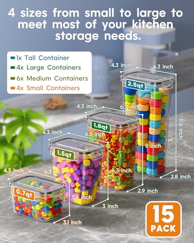 Airtight Food Storage Containers with Lids, 15 PCS Kitchen and Pantry Organization Canisters, BPA-Free, PVC-Free, Food-grade Plastic Leak-proof Jars for Cereal, Flour, Sugar, Extra 24 Labels & Marker - color: 15 Piece