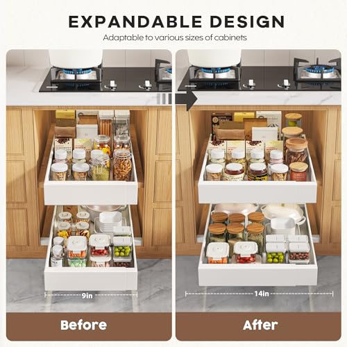 Seinloes 2 Pack Pull Out Cabinet Organizers 21" Deep With Raising Pad for Framed Cabinets, Expandable Width (9"-14") Slide Out Drawers Upgrade 3 Slide Rails, Roll Out Shelves Adhesive, White - color: White, size: 9"-14"Wide x 21"Deep(2 Pack)