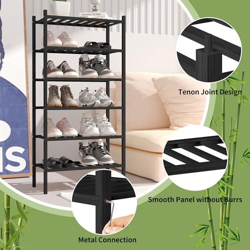 ROMGUAR CRAFT 6-Tier Bamboo Small Shoe Rack, Free Standing Wood Shoe Shelf Storage Organizer for Closet Entryway Stackable (Black) - color: Black, size: 6-Tier(Small)