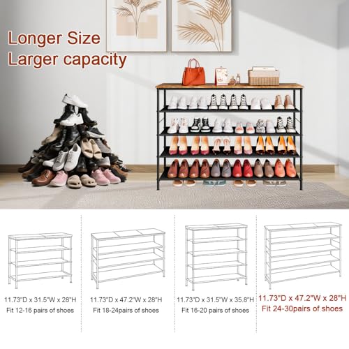 INGIORDAR Shoe Rack Organizer 5 Tier Metal Organizer Shelf with Industrial MDF Board and Layer Fabric for Entryway Closet Bedroom Living Room Garage (Black+Rustic Brown, 5 Tier(47.2" W)) - color: Black+rustic Brown, size: 5 Tier(47.2"W)