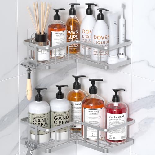 YASONIC Shower Caddy Corner, 2-Pack Adhesive Rustproof Stainless Steel Shower Shelves with Soap Holder, No Drilling Shower Organizer Corner for Dorm, Renters Bathroom Silver - color: Silver, size: 2Pack