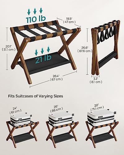 SONGMICS Luggage Rack, Folding Suitcase Stand with Storage Shelf, for Guest Room, Hotel, Bedroom, Heavy-Duty, Holds up to 131 lb, Walnut Brown URLR007D01 - color: Walnut Brown, size: 1 Pack