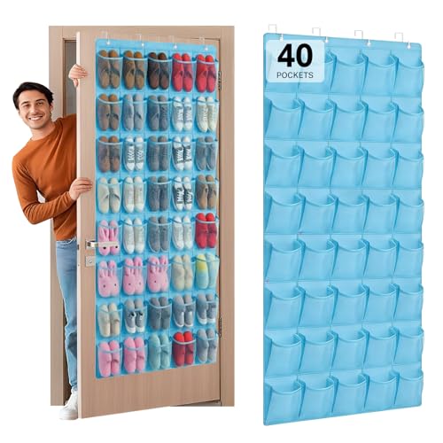 40-Pocket Over the Door Shoe Organizer - Large Mesh Pocket Hanging Shoe Organizer,Behind the Door Shoes Storage Holder Hanger - color: Light Blue