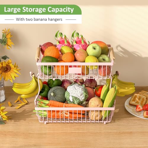 2 Tier Fruit Basket for Kitchen Counter with 2 Banana Hangers, Countertop Metal Fruit Bowl with Wooden Handle, Large Storage Stand for Vegetables, Snacks, Breads, Produce Storage – Pink - color: Pink, size: 2 Tier