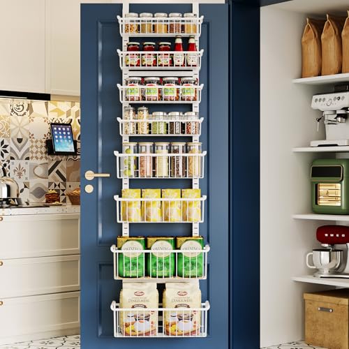 Over The Door Pantry Organizer, 8-Tier Over The Door Organizer with Adjustable Baskets, Metal Hanging Spice Rack for Pantry Organizers and Storage, Suitable for Kitchen Laundry Room & Bathroom, White - color: White